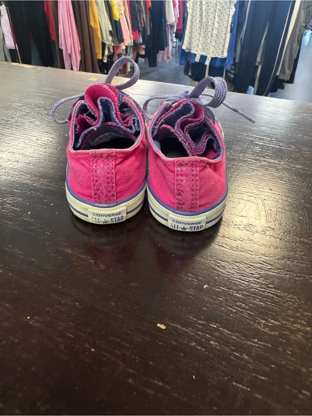 Converse Kids Low-Top Canvas Sneakers in Bright Pink with Purple Laces